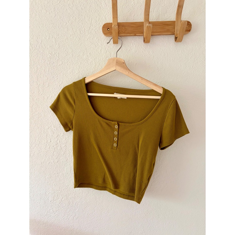 Madewell XS Ribbed Henley Baby Tee Olive Green Mustard Short Sleeve Crop Top